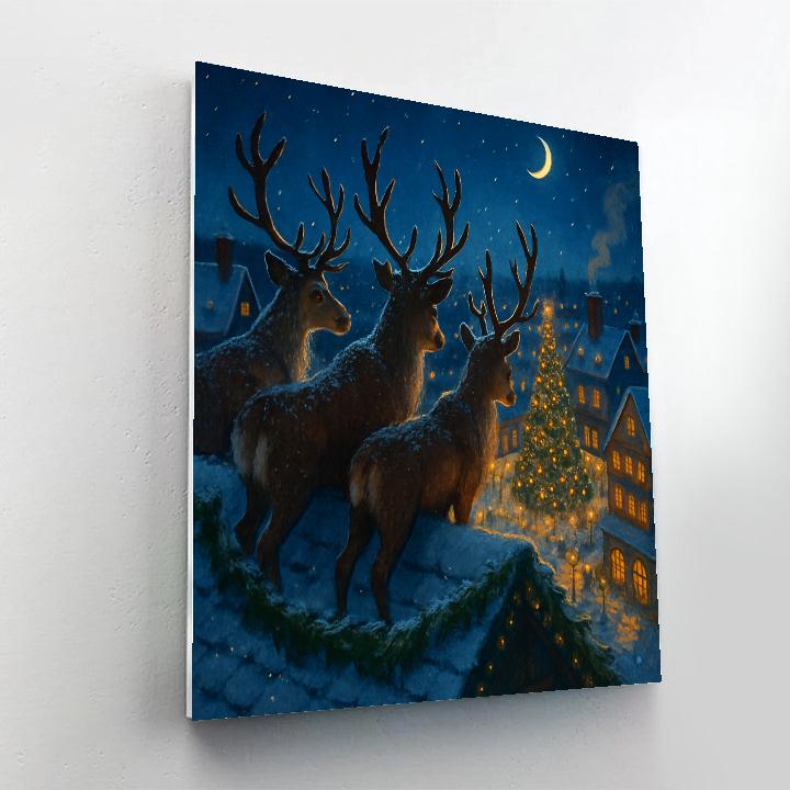 Snowy Rooftop Reindeer Watch Paint by numbers art
