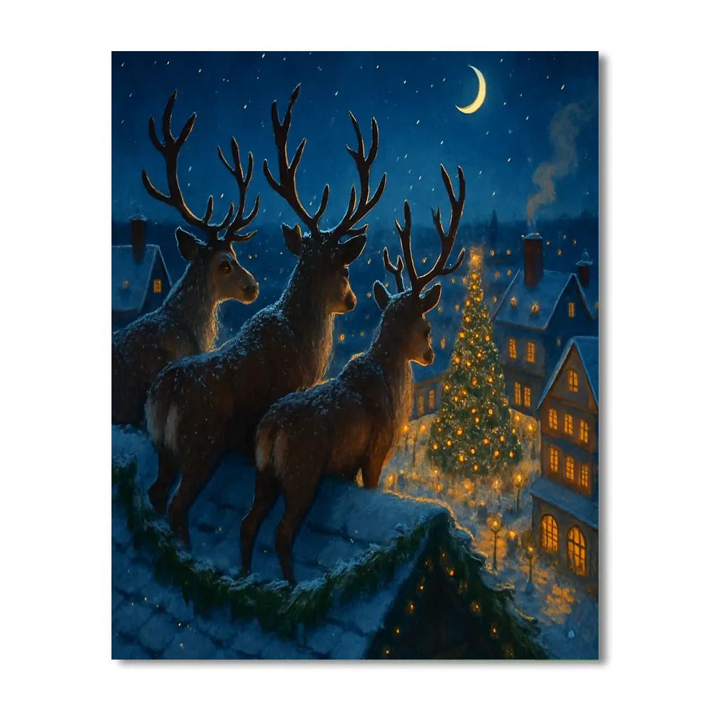 Snowy Rooftop Reindeer Watch Paint by numbers art