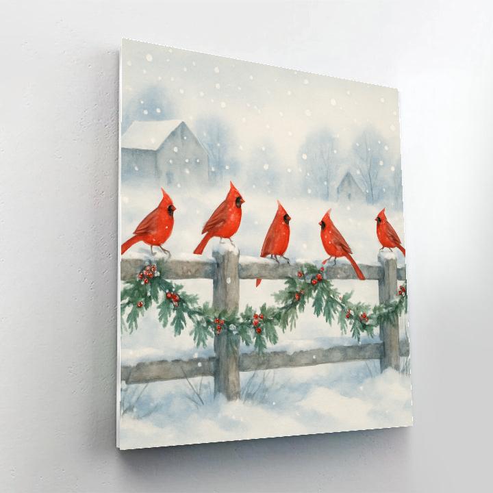 Cardinals On The Holly Fence paint by number