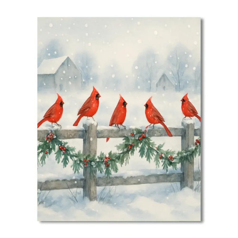 Cardinals On The Holly Fence paint by number