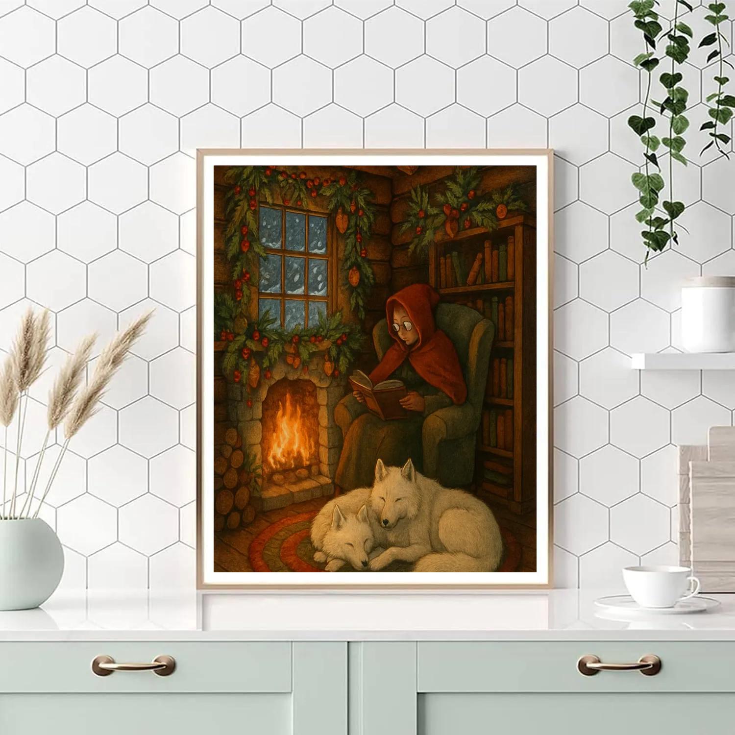 Fireplace Storytime With Winter Wolves Number painting