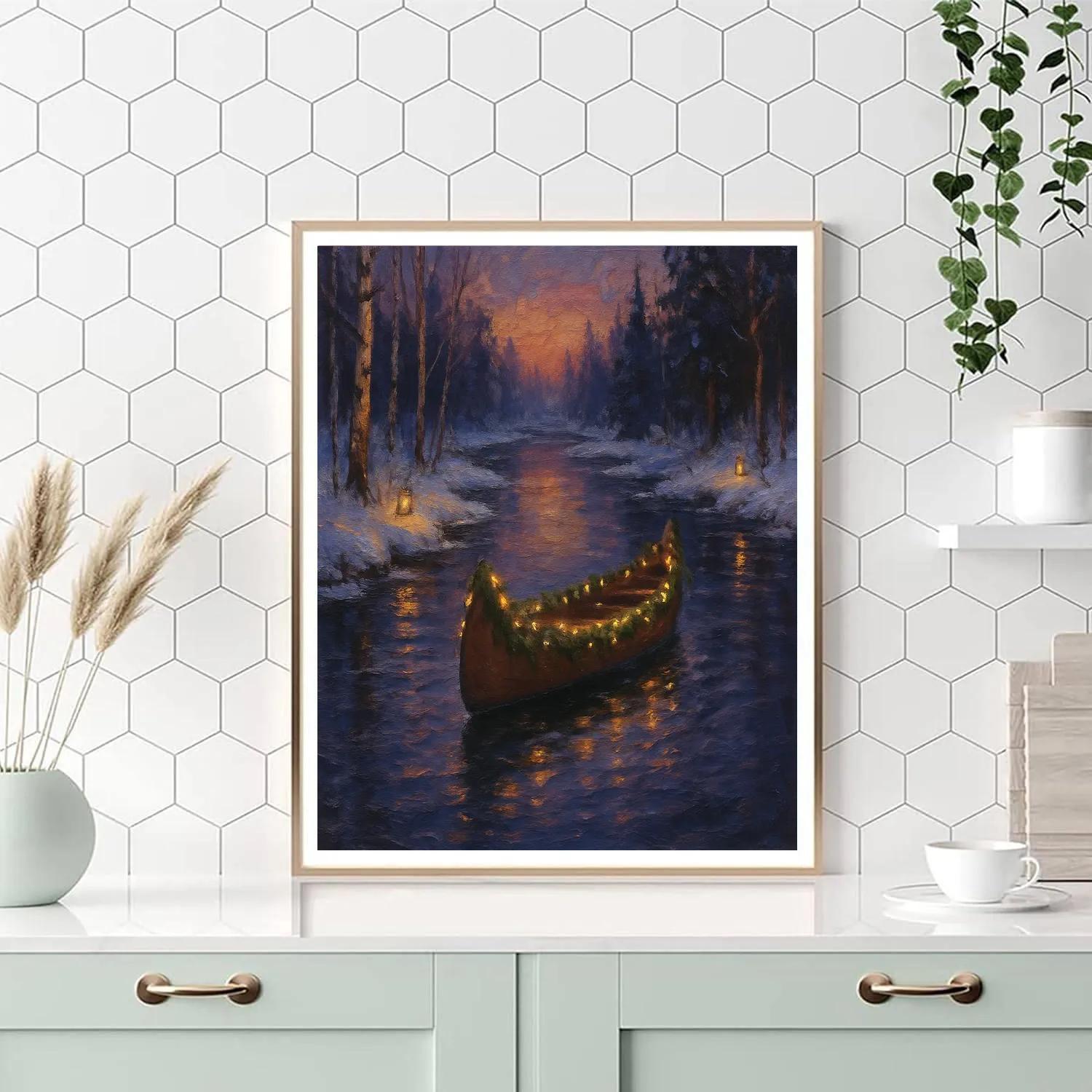 Christmas Canoe On Quiet River paint by color