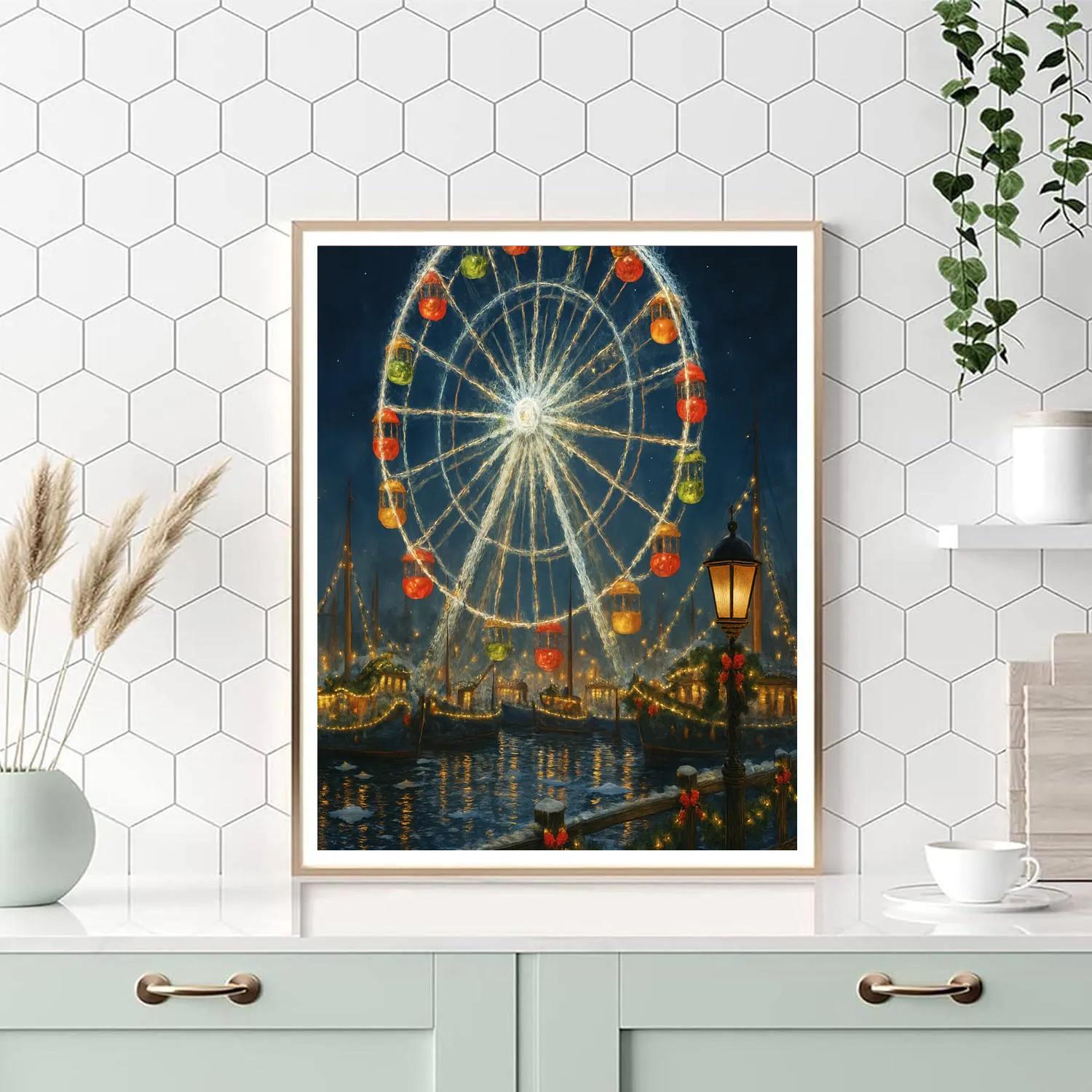 Frosty Ferris Wheel Over Harbor Lights paint by numbers
