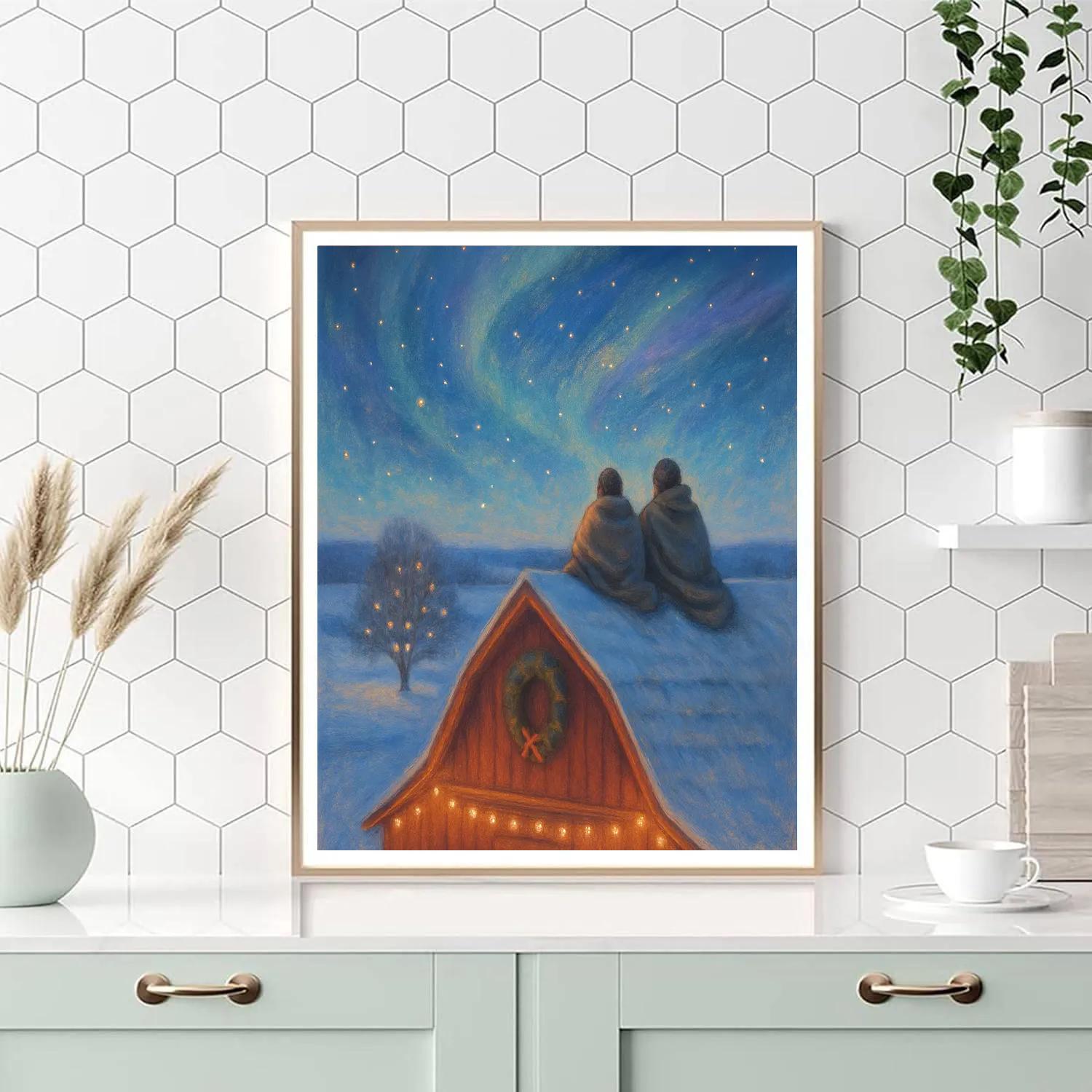 Stargazing On The Snowy Barn Roof paint by numbers