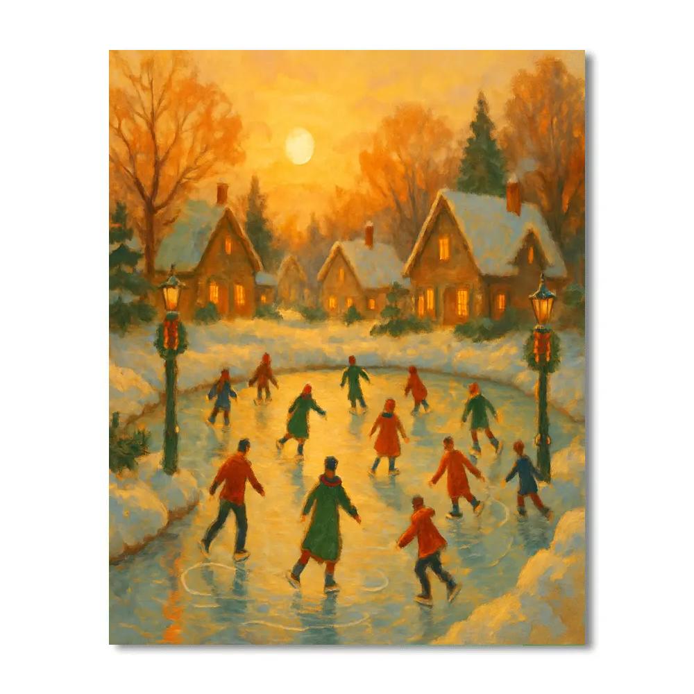 Village Skating Pond At Golden Hour DIY paint by numbers