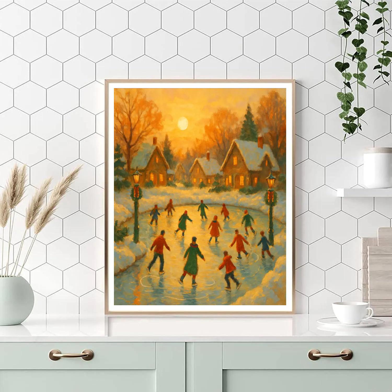 Village Skating Pond At Golden Hour DIY paint by numbers