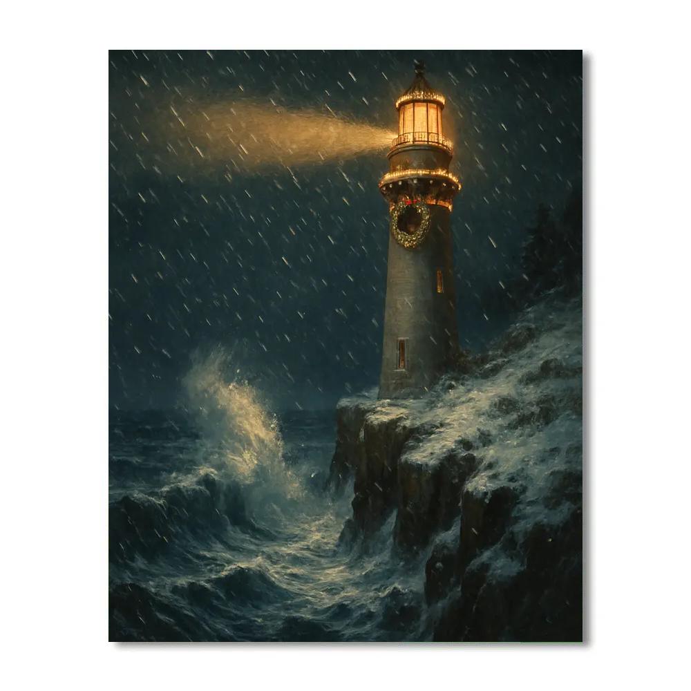 Christmas Lighthouse On Icy Cliffs paint by color