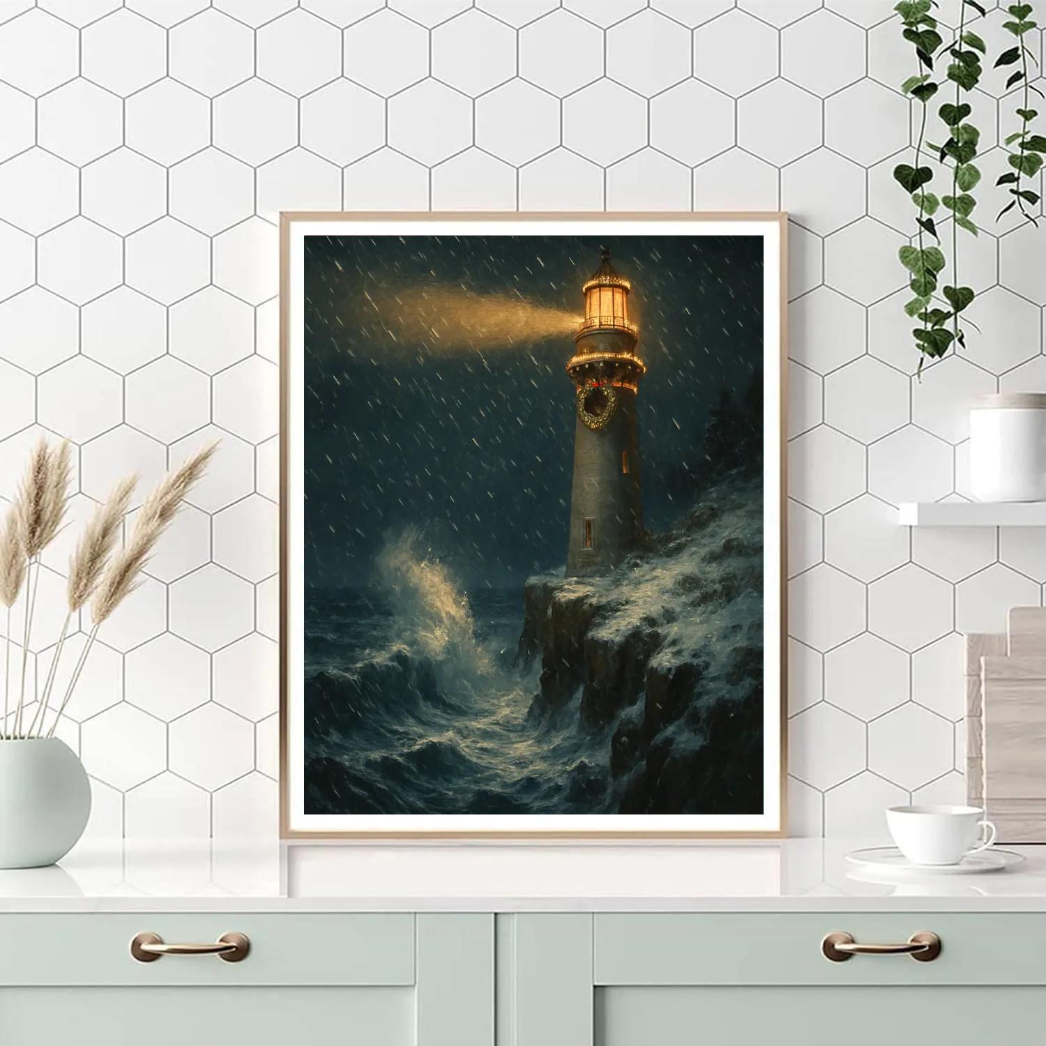 Christmas Lighthouse On Icy Cliffs paint by color