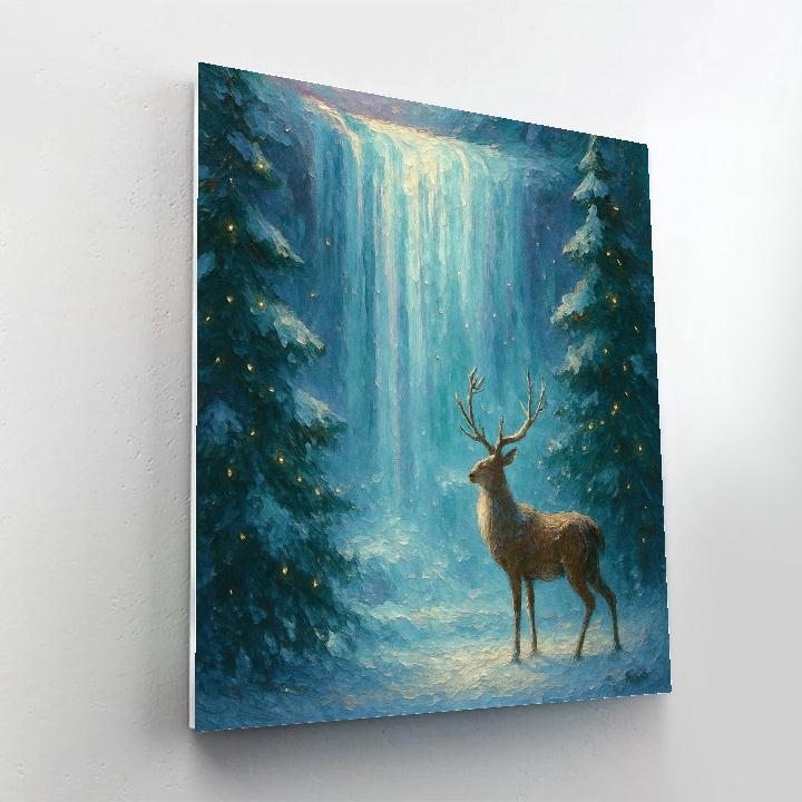 Winter Deer By The Frozen Waterfall paint by number