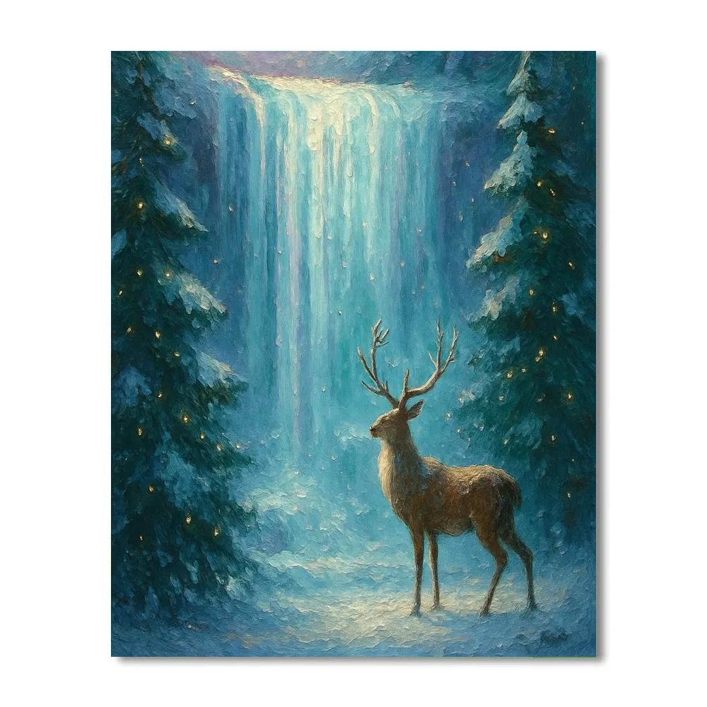 Winter Deer By The Frozen Waterfall paint by number