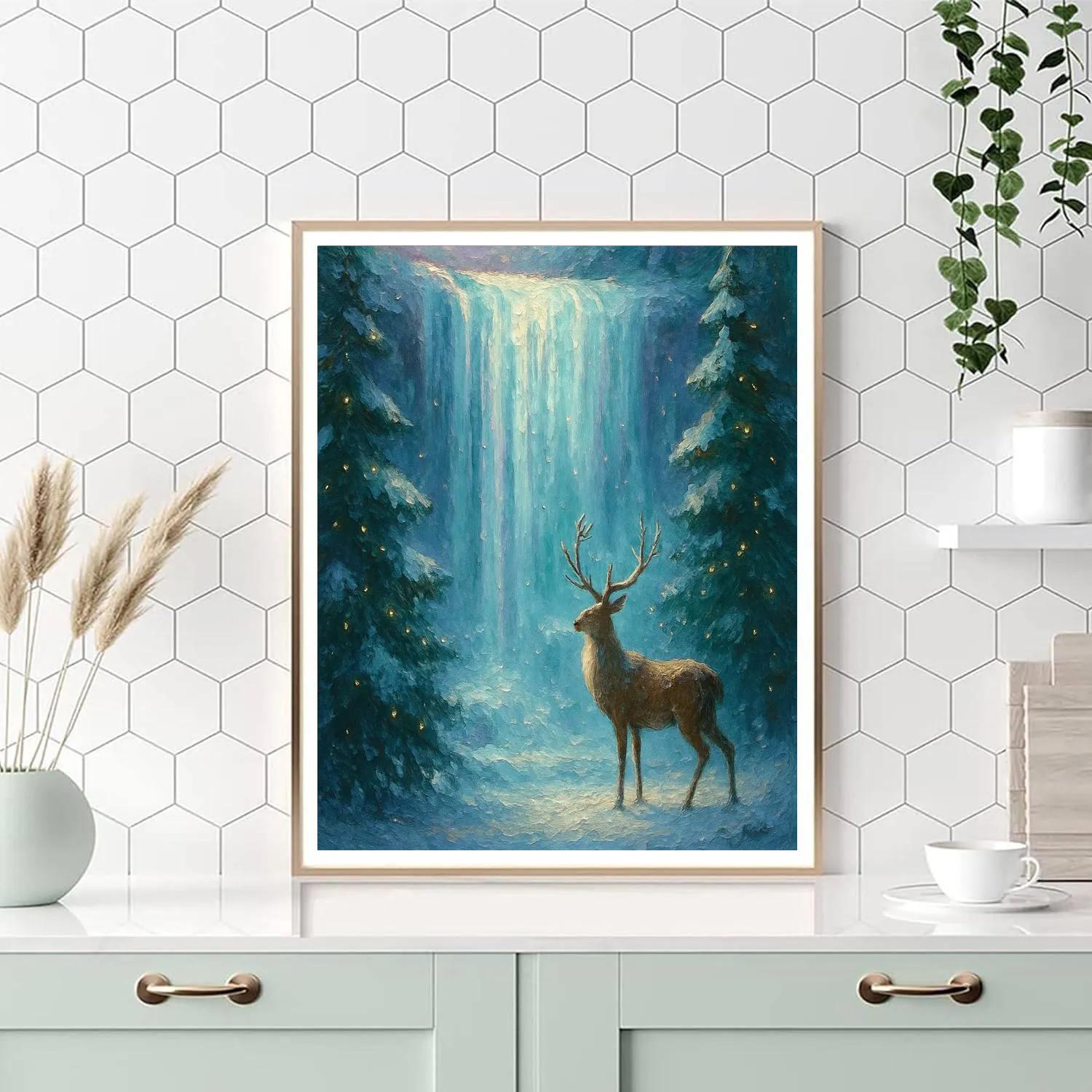 Winter Deer By The Frozen Waterfall paint by number