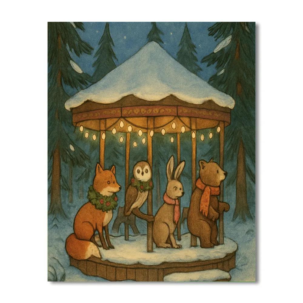 Snow Covered Carousel Of Forest Animals painting number kit