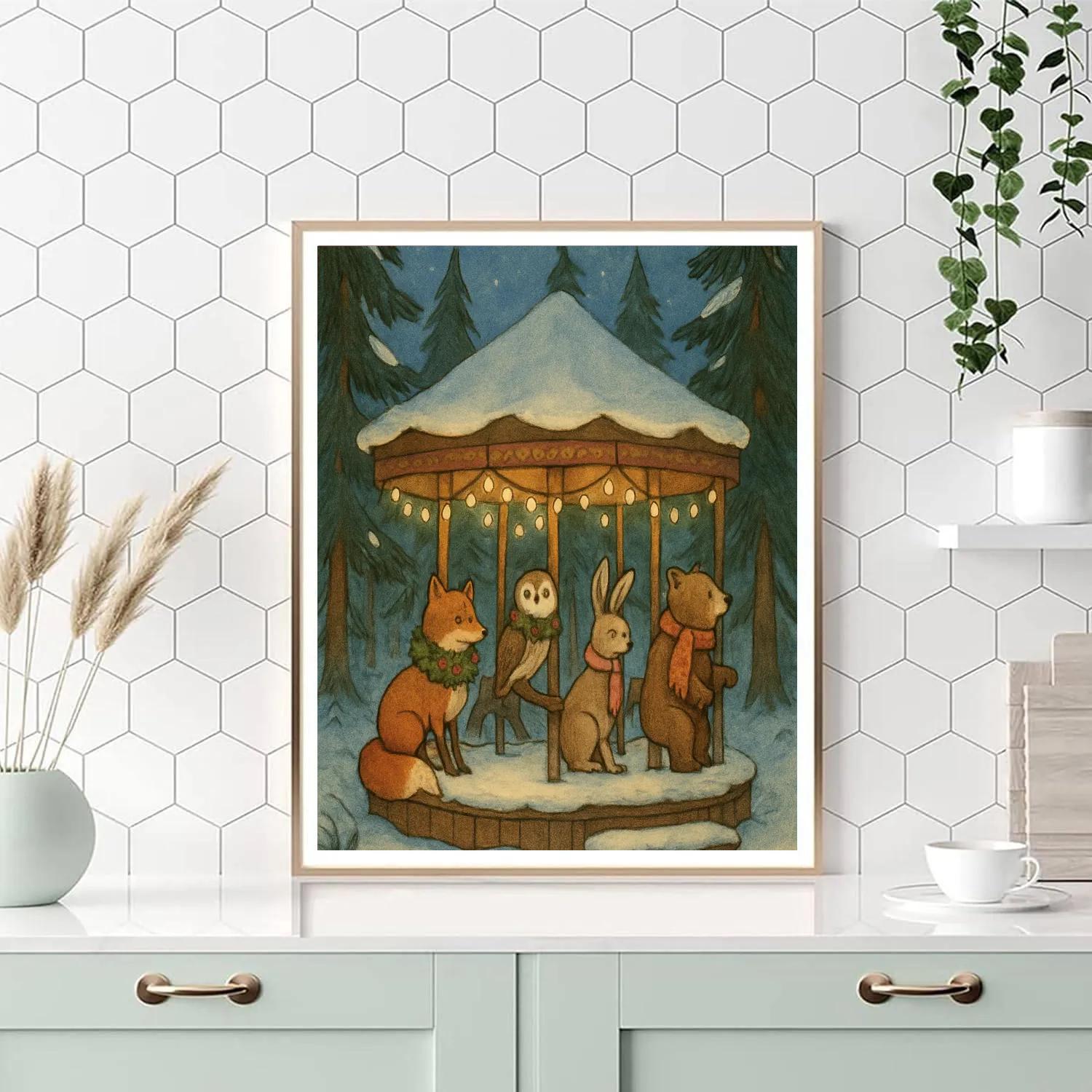 Snow Covered Carousel Of Forest Animals painting number kit