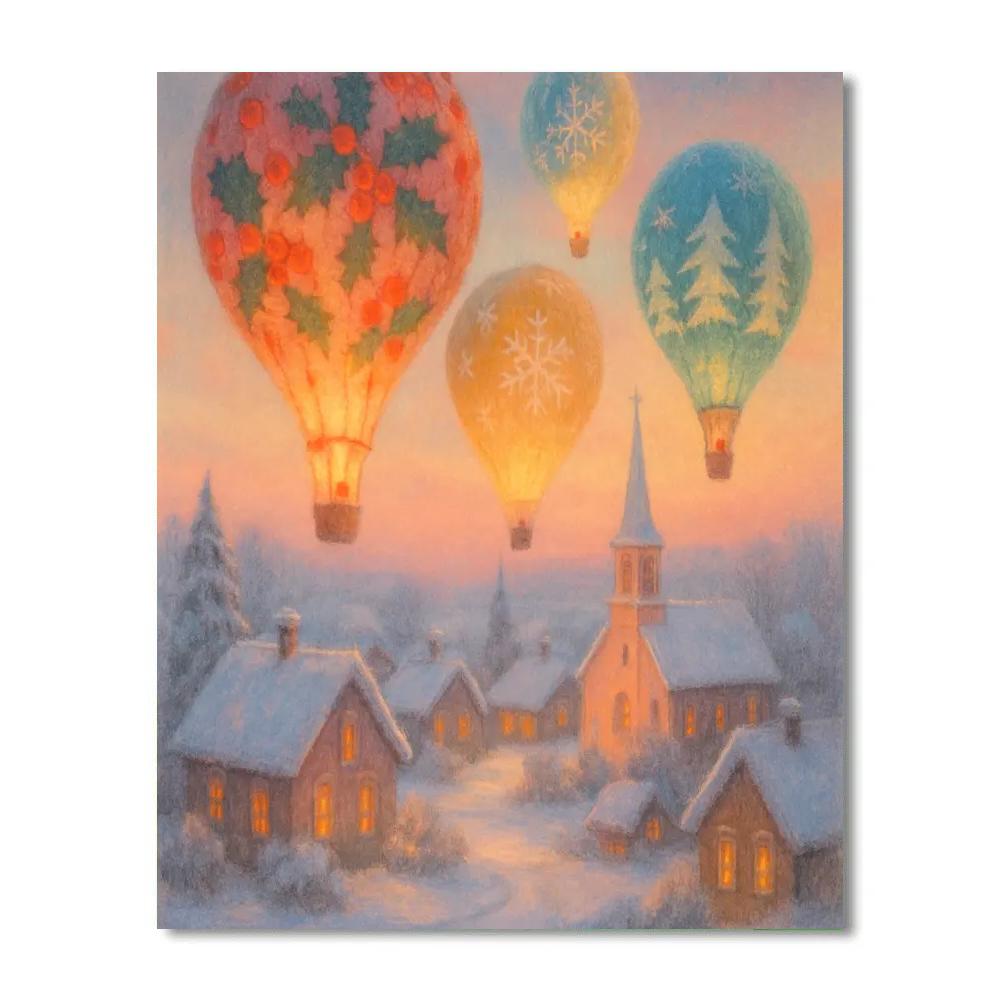 Christmas Hot Air Balloons Above Village Paint by numbers kits