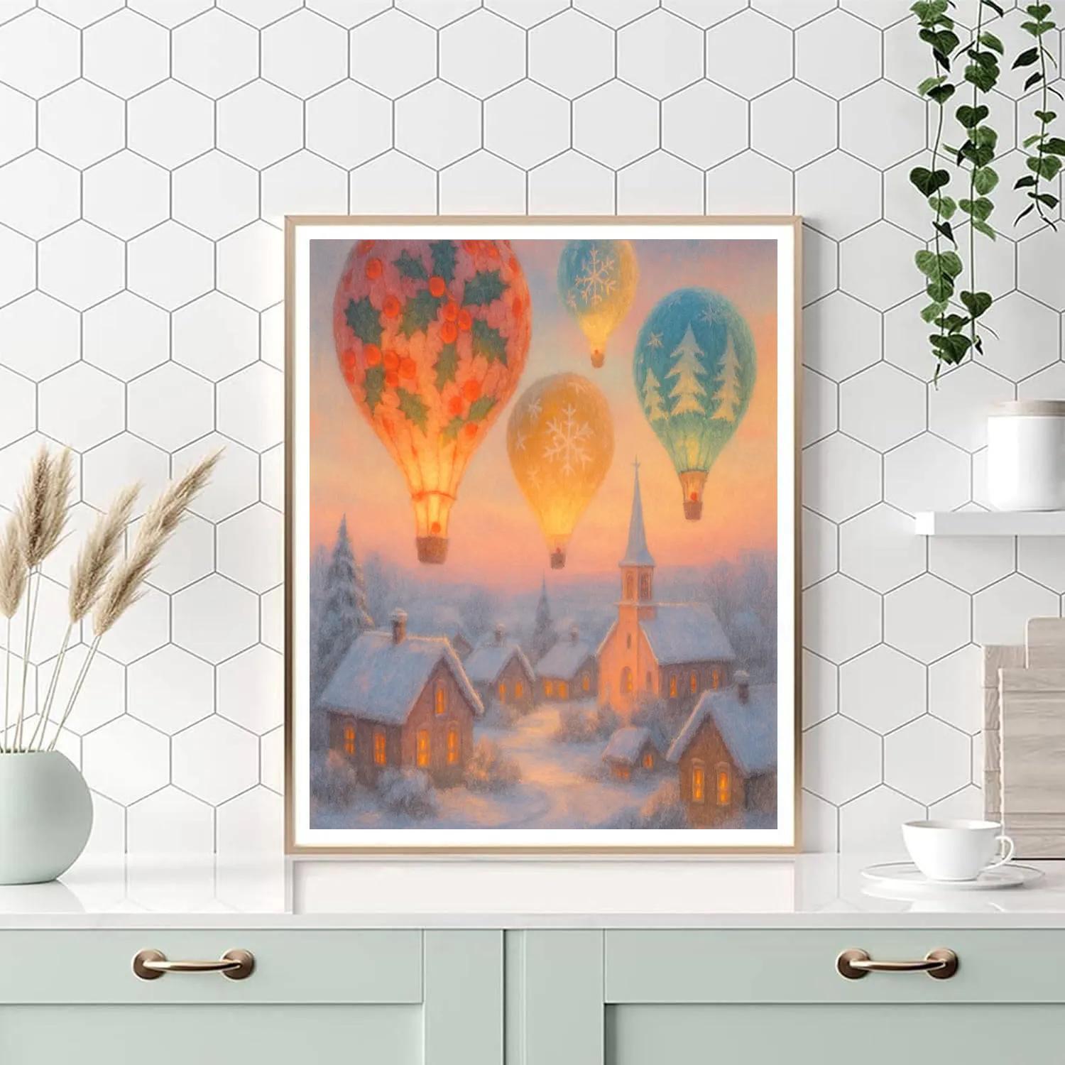 Christmas Hot Air Balloons Above Village Paint by numbers kits