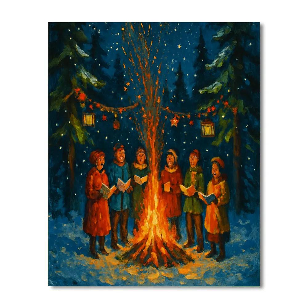 Winter Forest Caroling By Bonfire paint by number