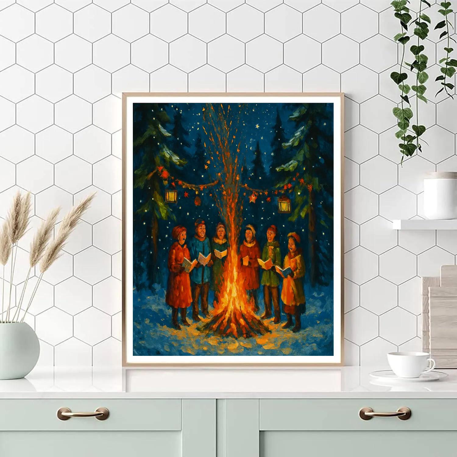 Winter Forest Caroling By Bonfire paint by number