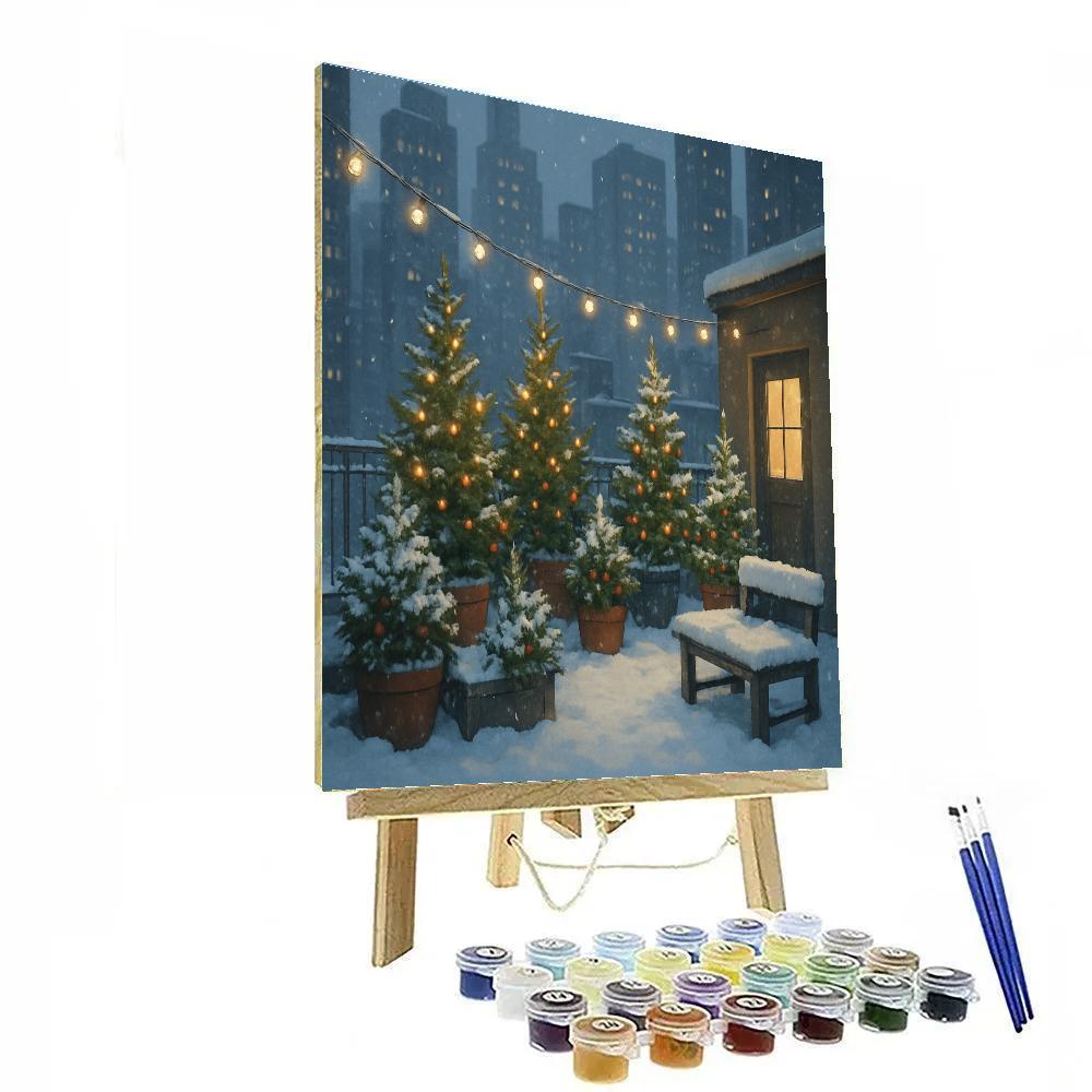 Snowy City Rooftop Evergreen Garden Paint by numbers art