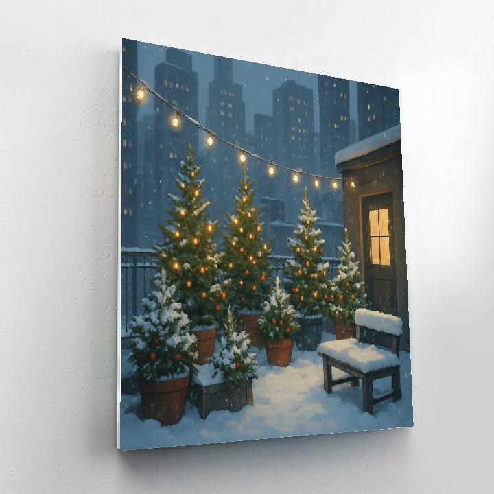 Snowy City Rooftop Evergreen Garden Paint by numbers art