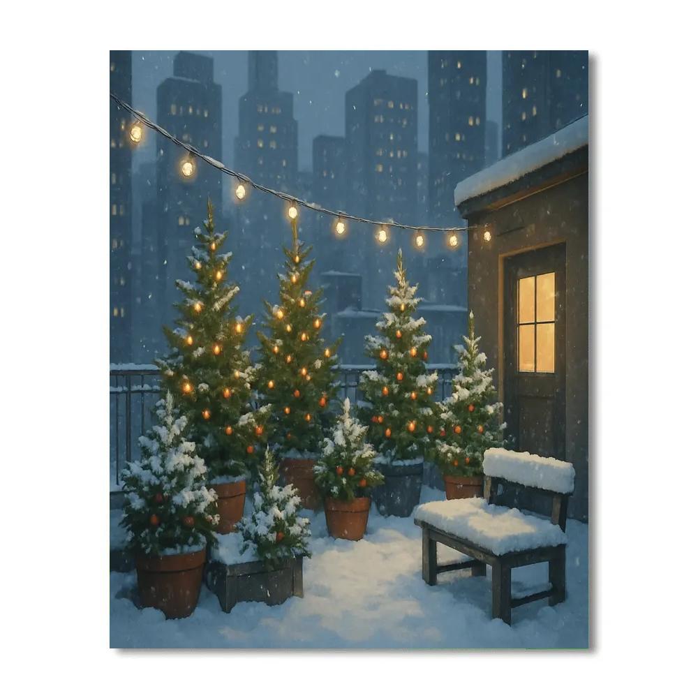 Snowy City Rooftop Evergreen Garden Paint by numbers art