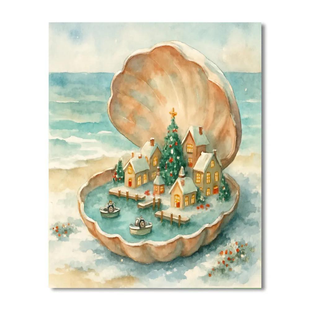 Tiny Christmas Harbor In A Seashell Numbered painting kits