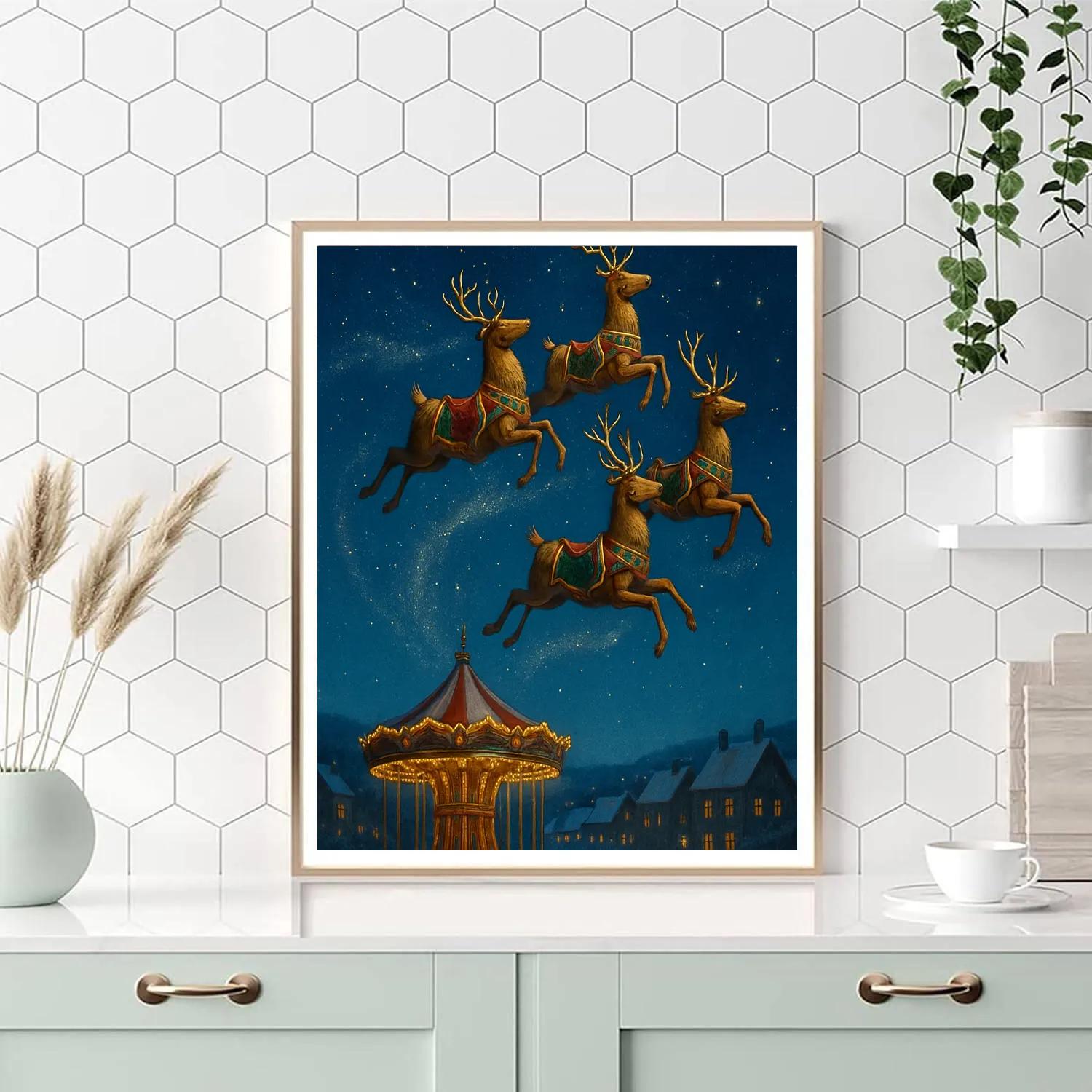 Snowy Carousel Reindeer Midnight Flight Painting by numbers kit