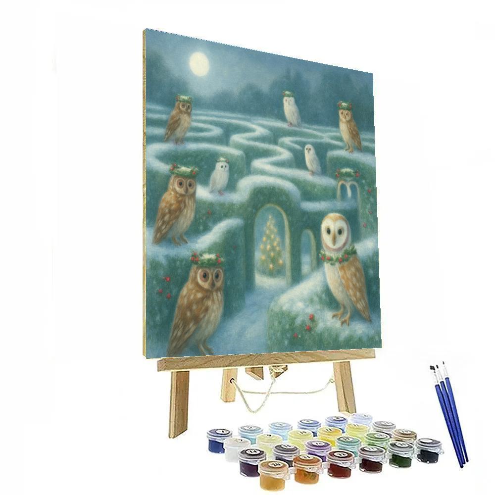 Snowy Hedge Maze With Christmas Owls painting number kit