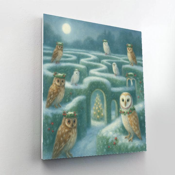 Snowy Hedge Maze With Christmas Owls painting number kit