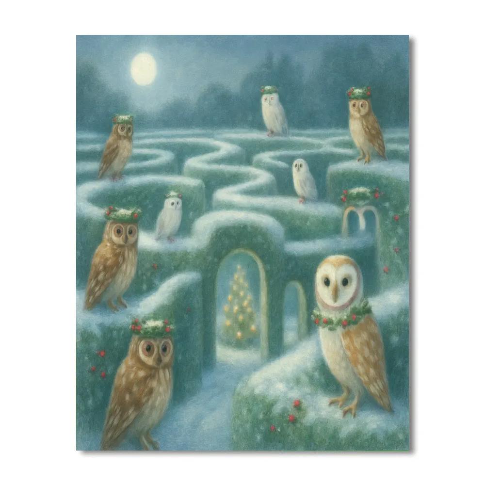 Snowy Hedge Maze With Christmas Owls painting number kit