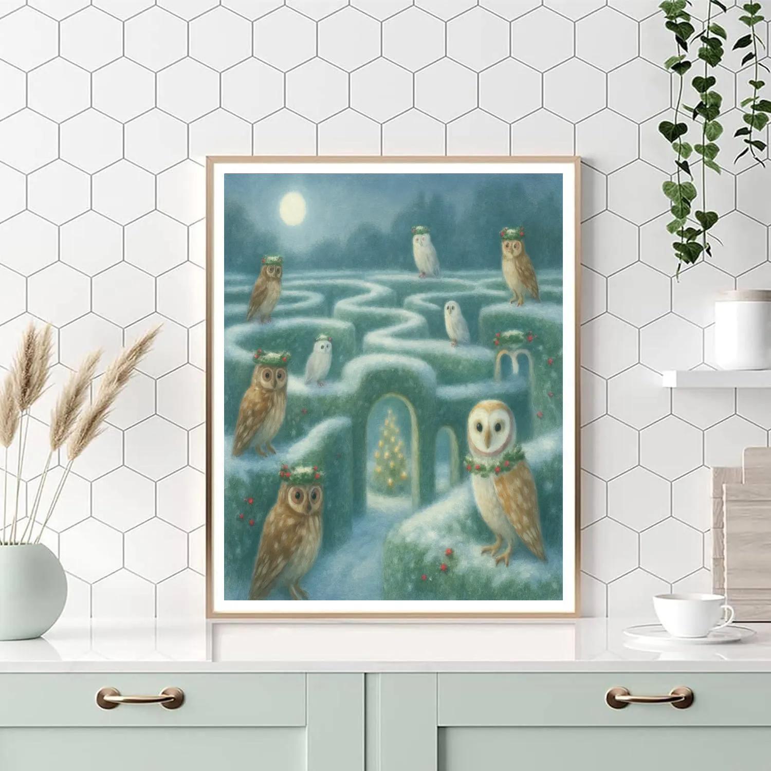 Snowy Hedge Maze With Christmas Owls painting number kit