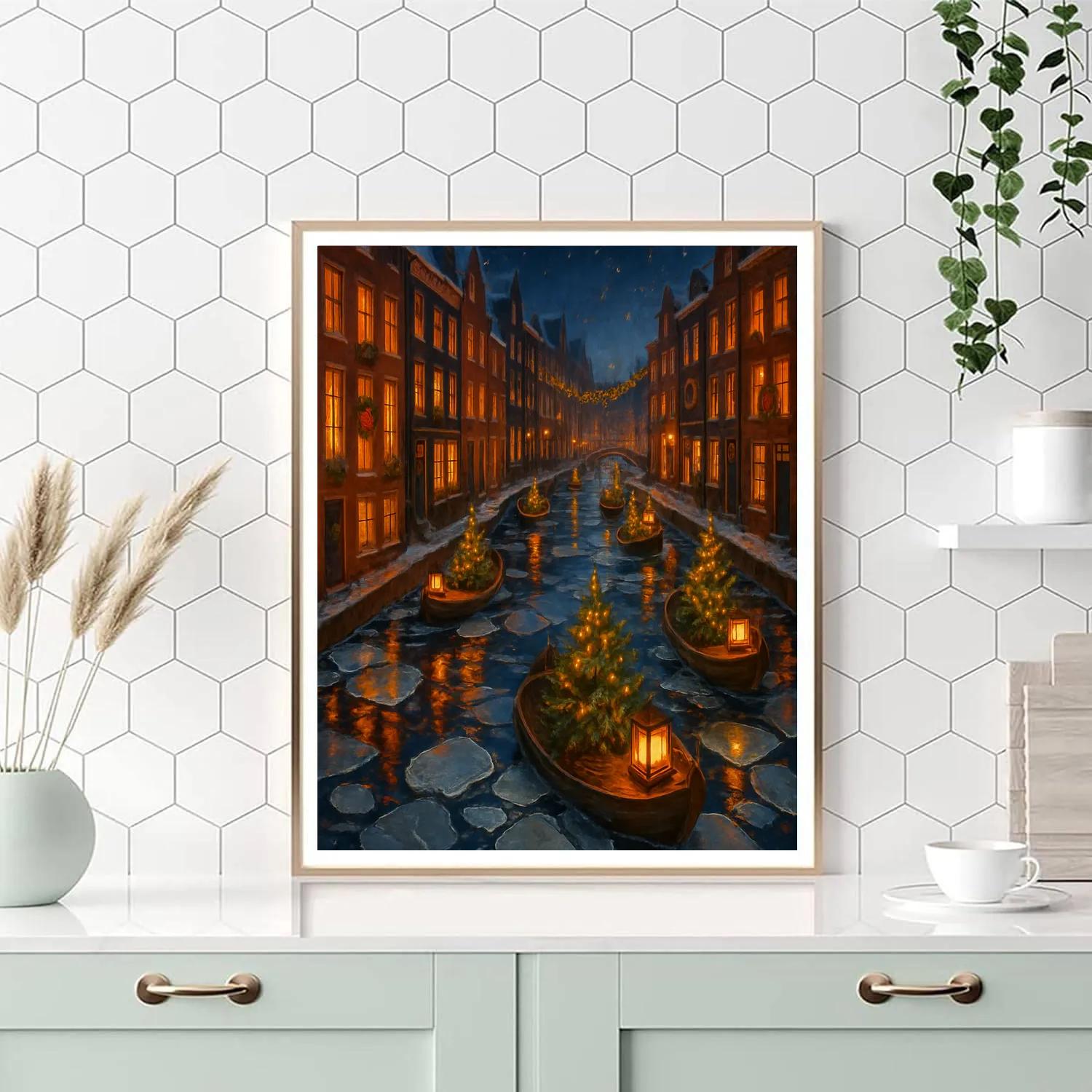 Frozen Canal Christmas Boat Parade painting number kit