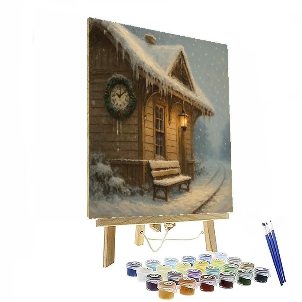 Snowbound Train Station With Evergreen Clock paint by number