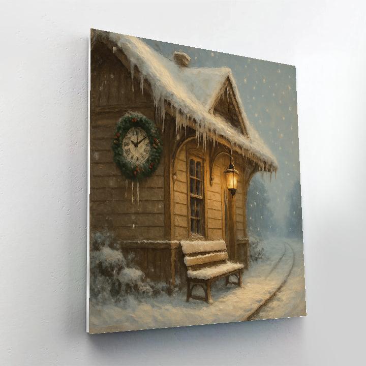 Snowbound Train Station With Evergreen Clock paint by number