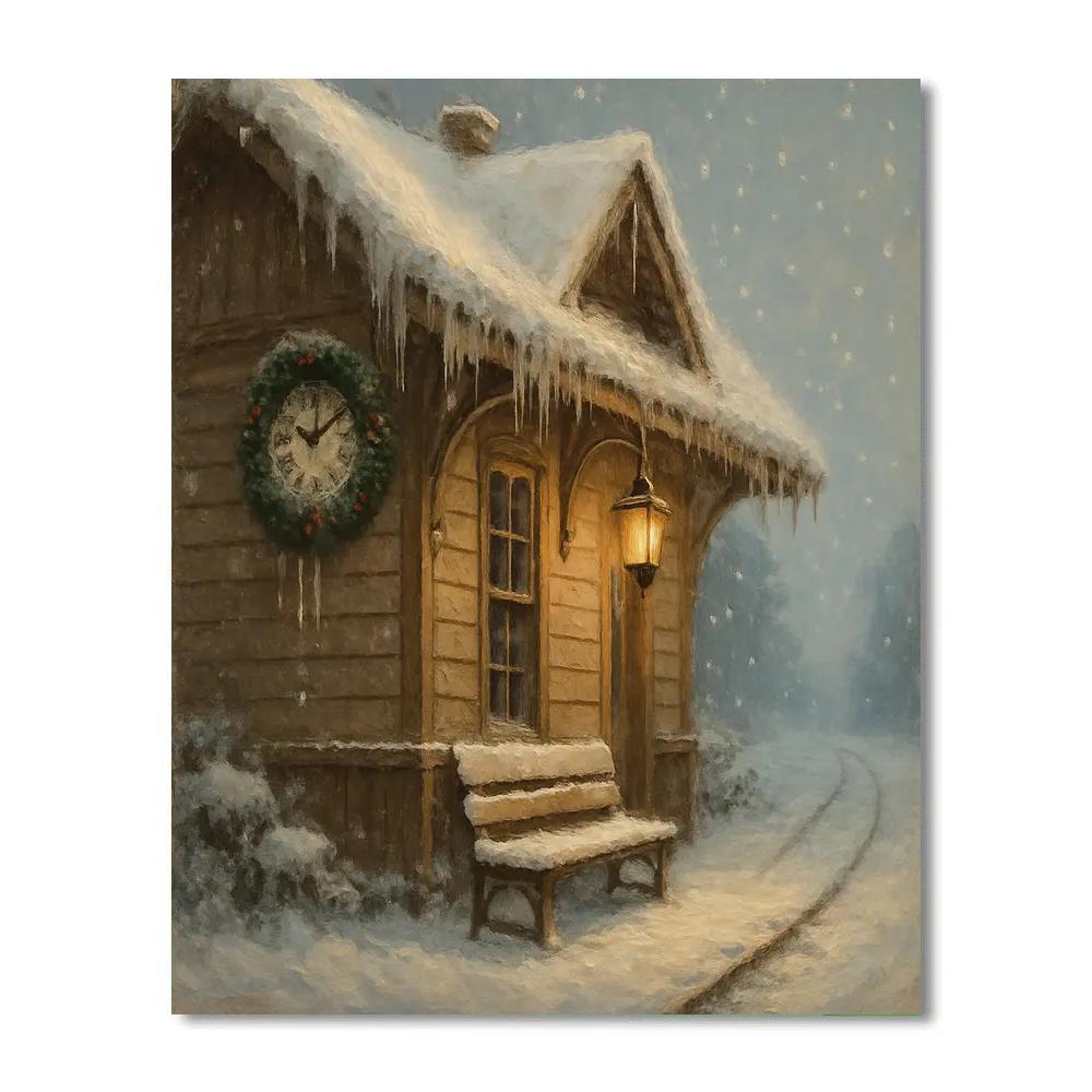 Snowbound Train Station With Evergreen Clock paint by number