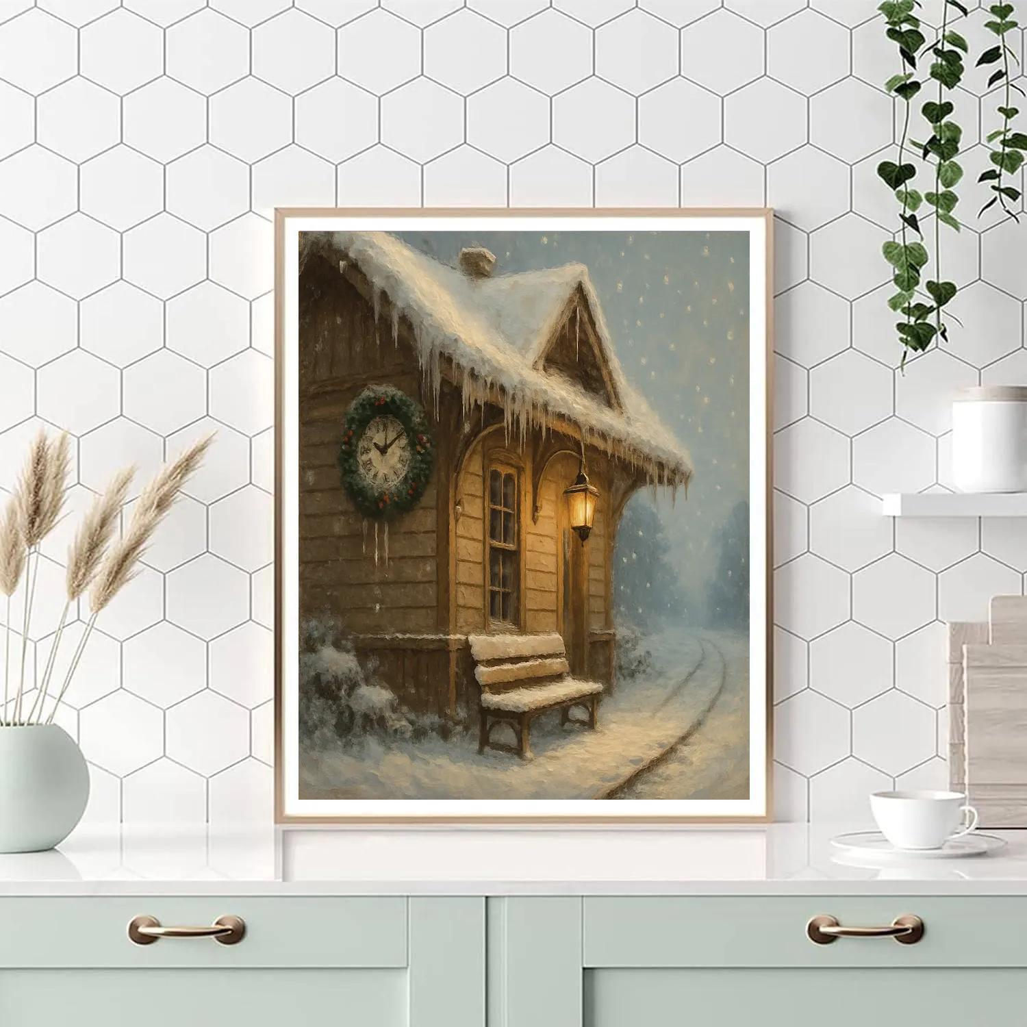 Snowbound Train Station With Evergreen Clock paint by number