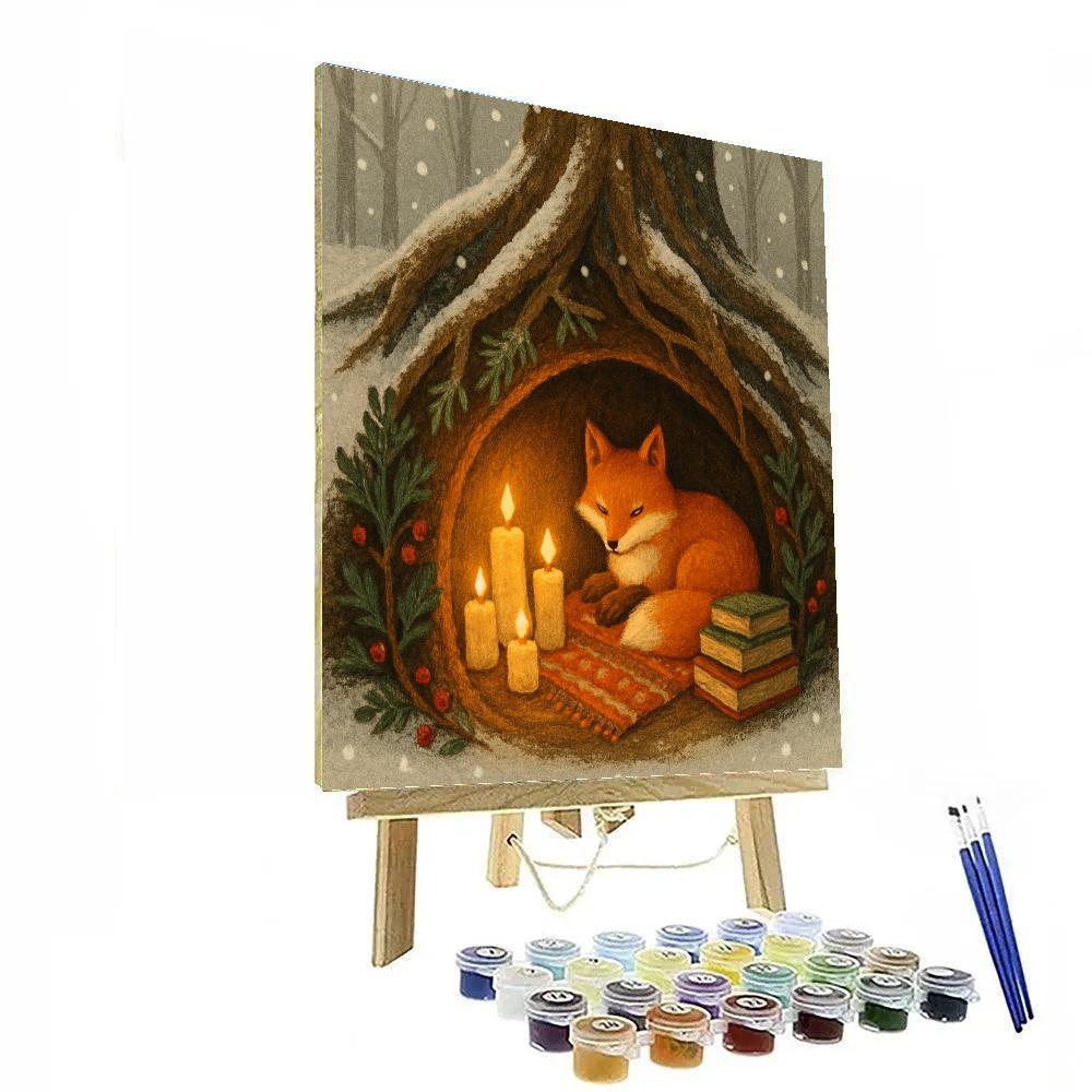 Snowy Fox Reading Nook In Tree Roots painting number kit