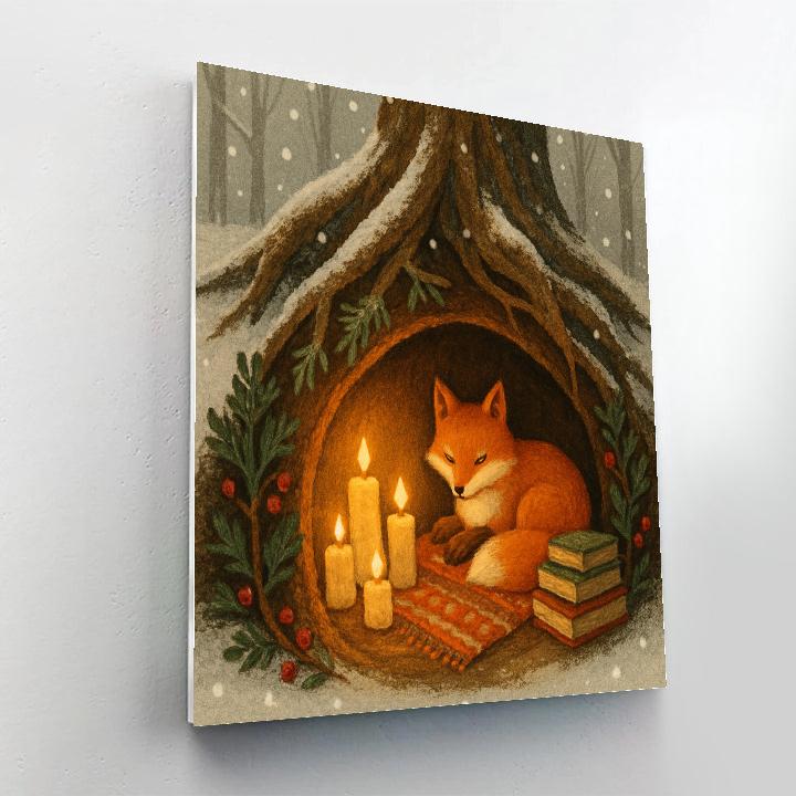 Snowy Fox Reading Nook In Tree Roots painting number kit
