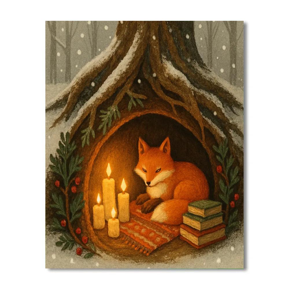 Snowy Fox Reading Nook In Tree Roots painting number kit
