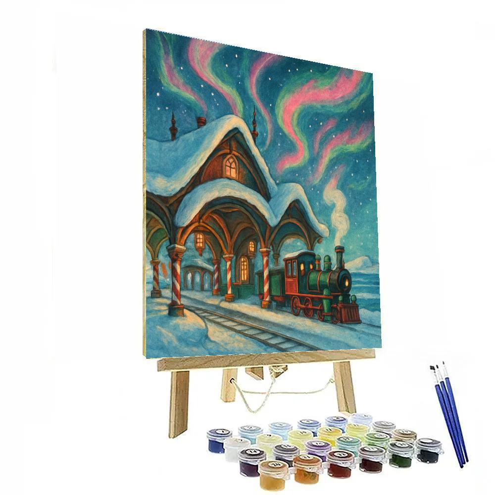 North Pole Train Depot Under Ribbon Skies Number painting