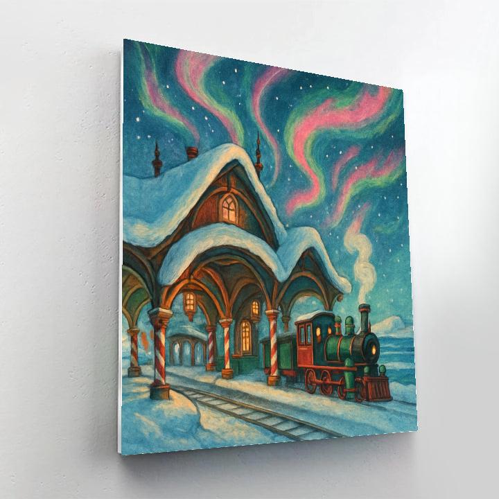 North Pole Train Depot Under Ribbon Skies Number painting