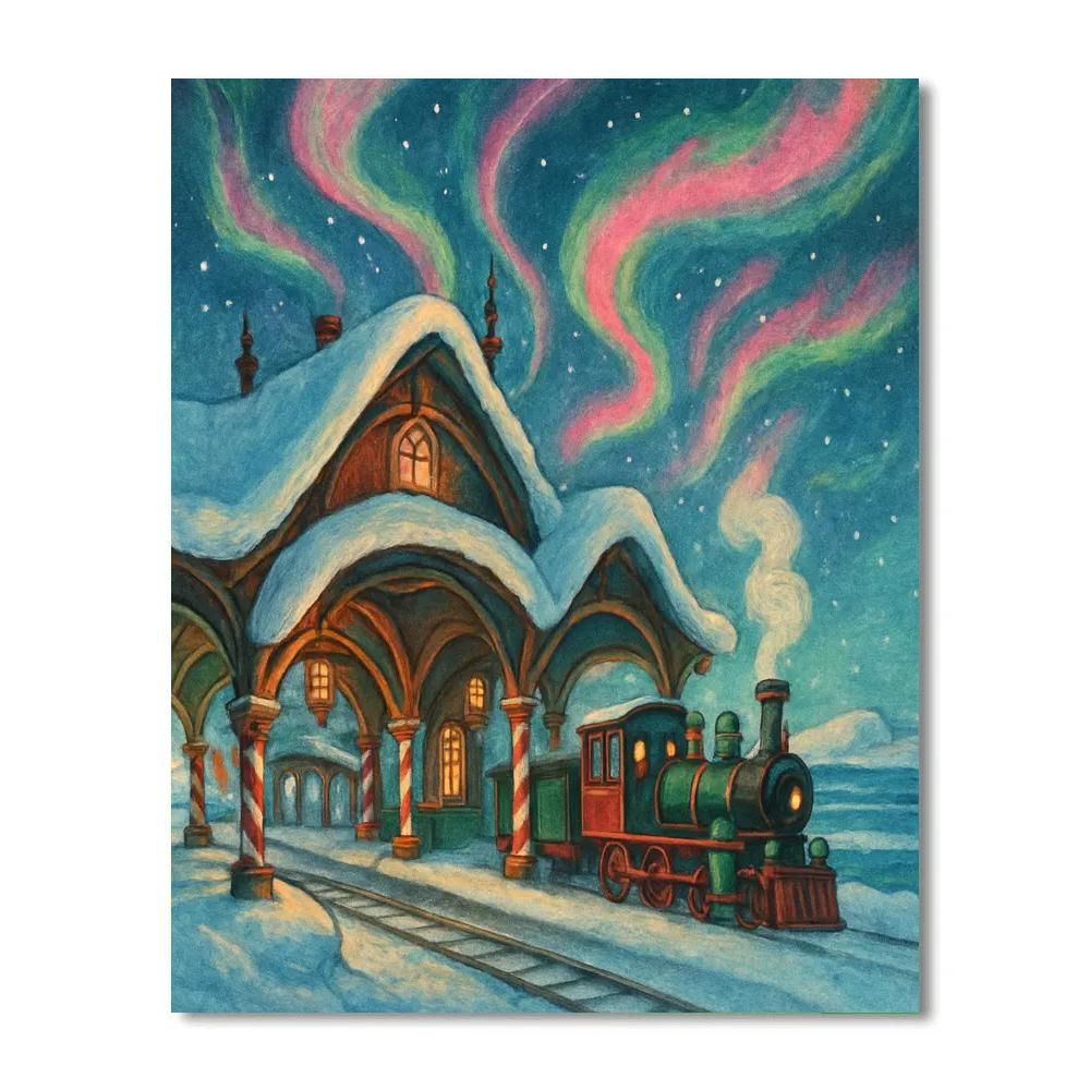 North Pole Train Depot Under Ribbon Skies Number painting