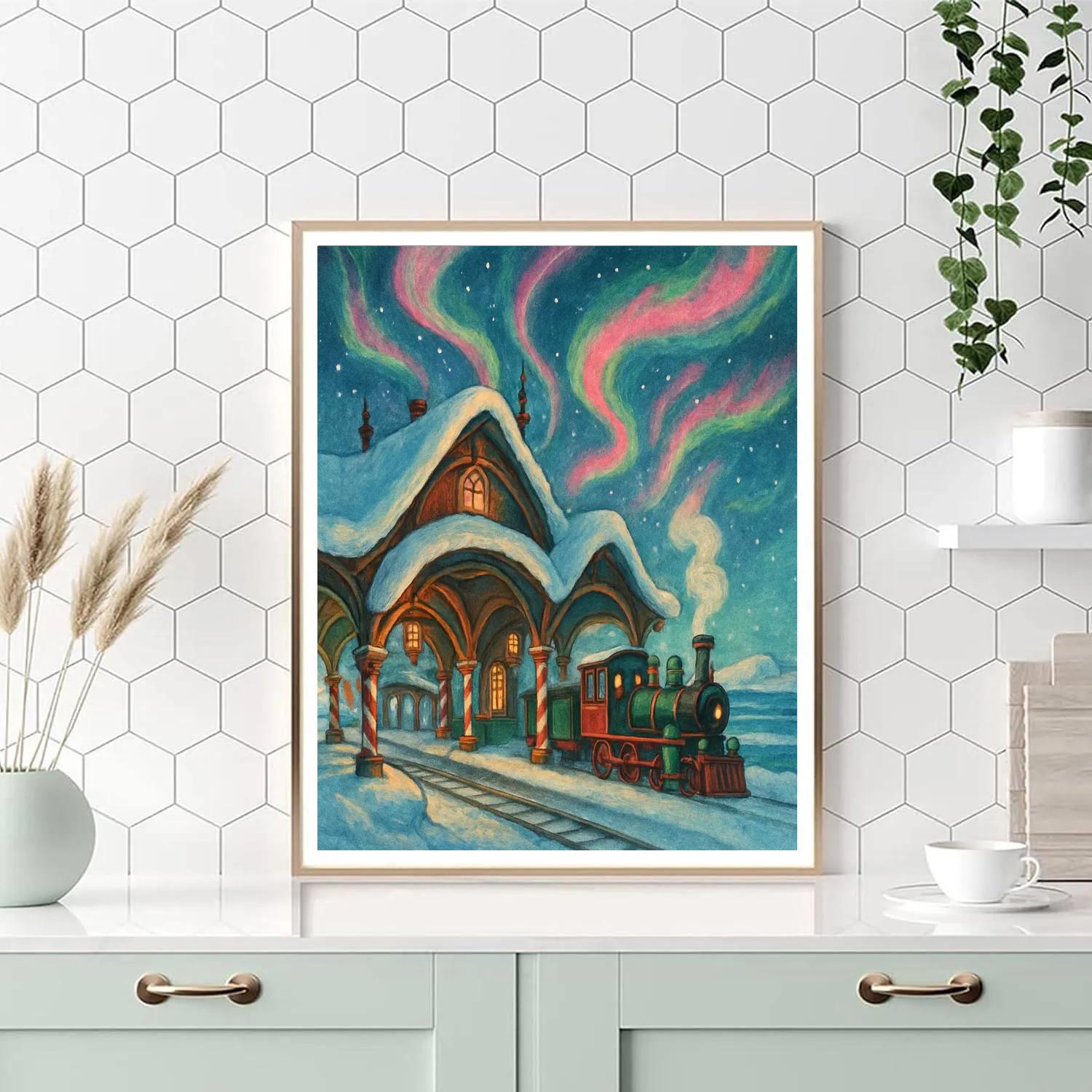 North Pole Train Depot Under Ribbon Skies Number painting