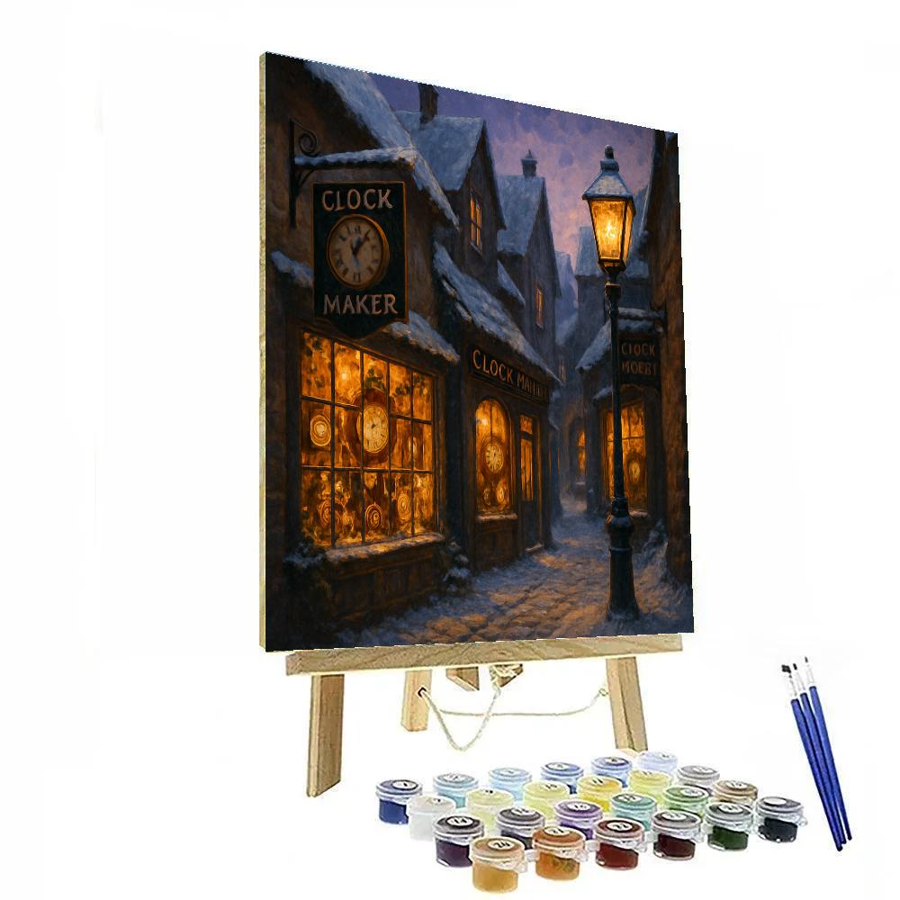 Snowy Clockmaker Alley At Twilight paint by numbers