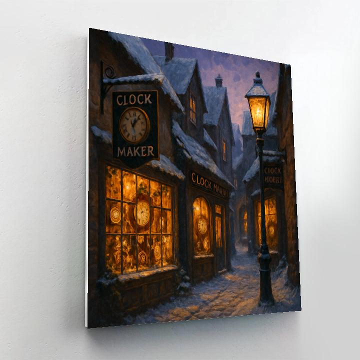 Snowy Clockmaker Alley At Twilight paint by numbers
