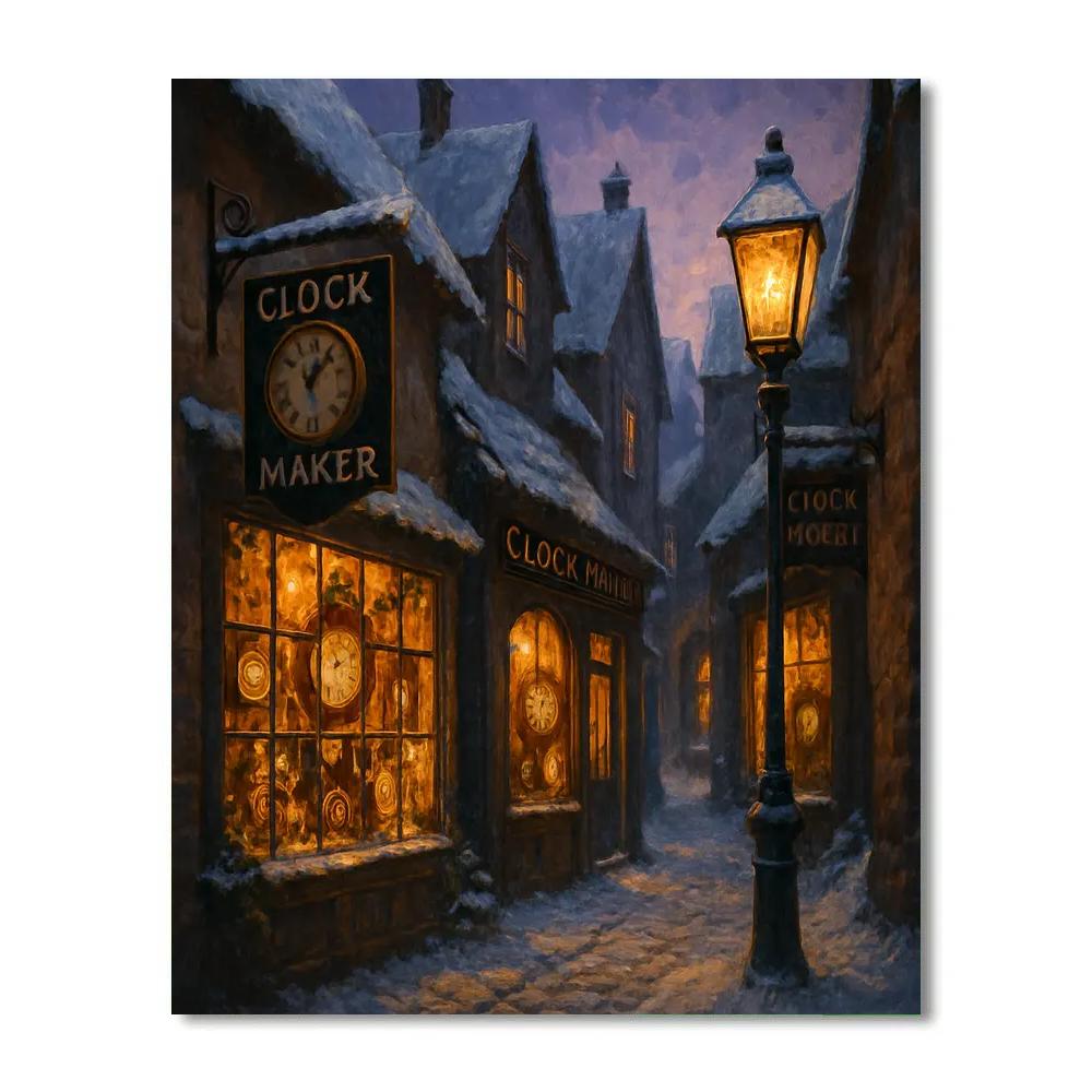 Snowy Clockmaker Alley At Twilight paint by numbers
