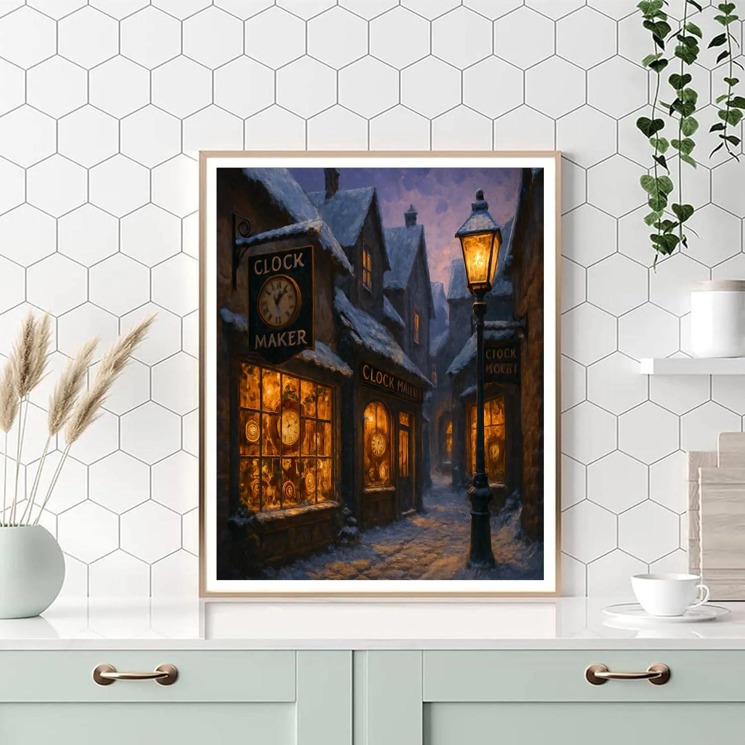 Snowy Clockmaker Alley At Twilight paint by numbers