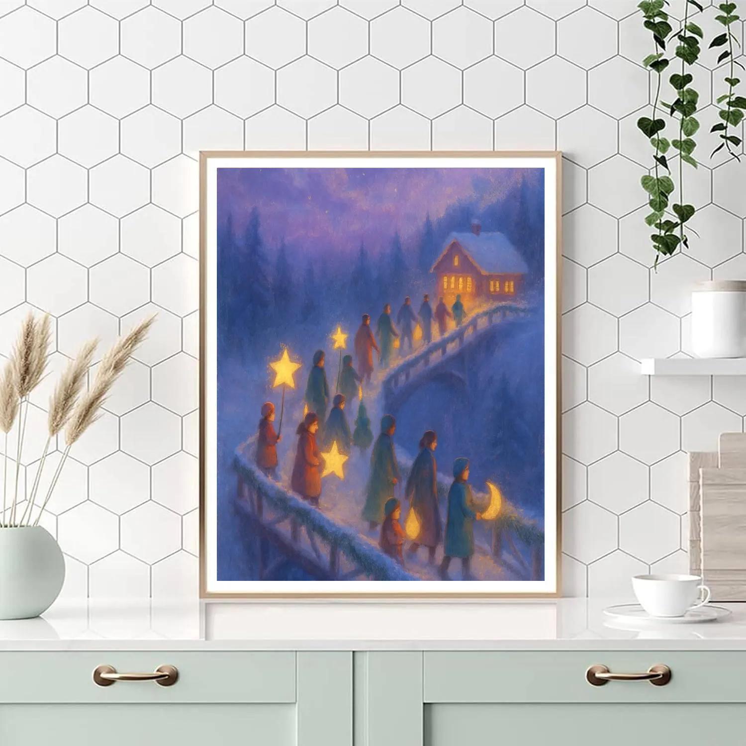 Winter Lantern Parade On Forest Bridge paint by numbers