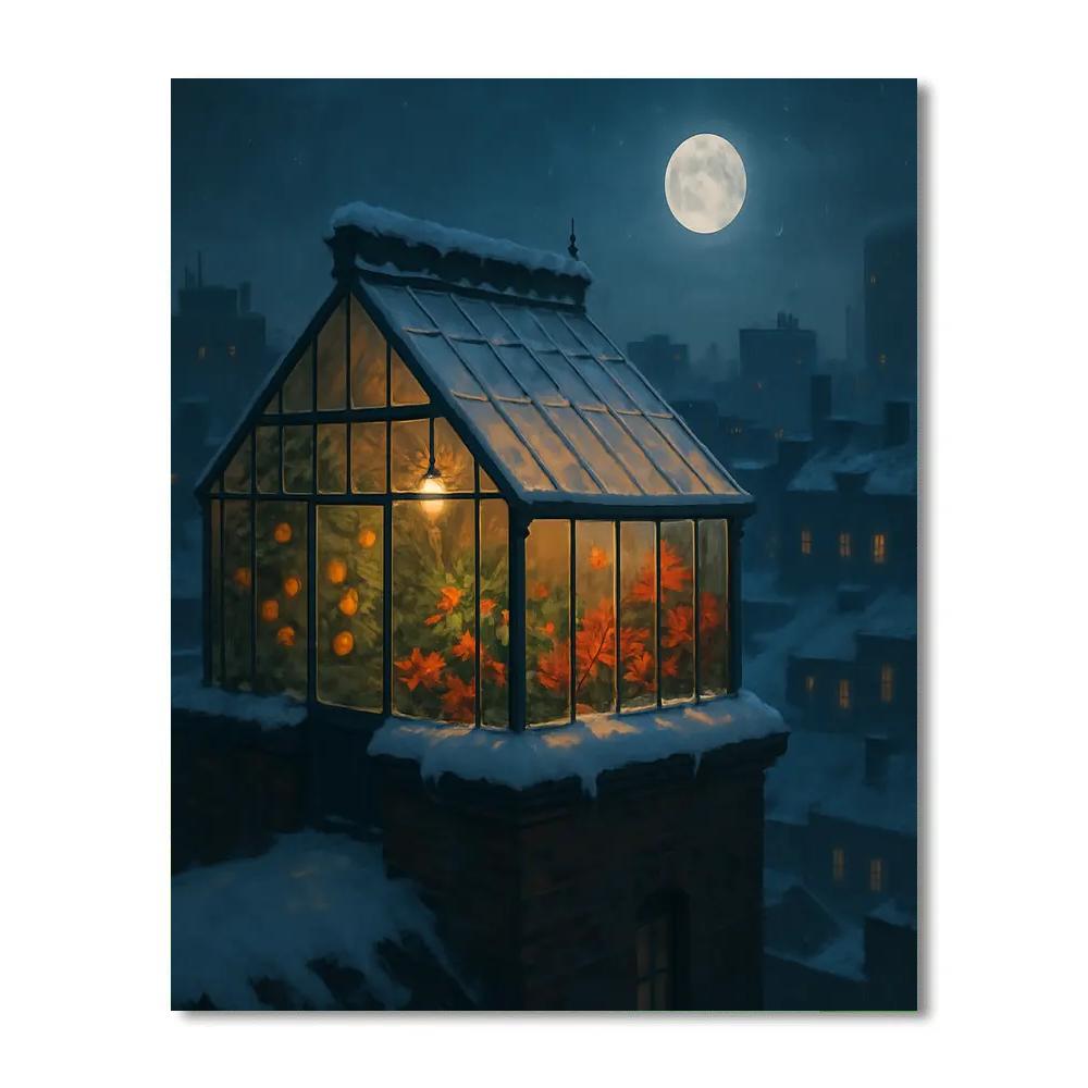 Christmas Moon Over Rooftop Greenhouse Paint by numbers kits