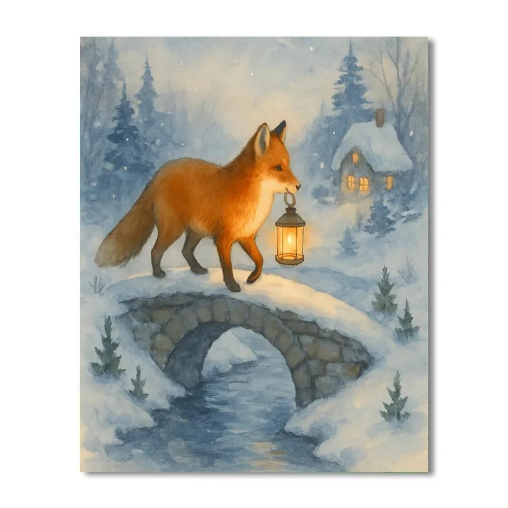 Christmas Lantern Fox On Frosty Bridge Numbered painting kits
