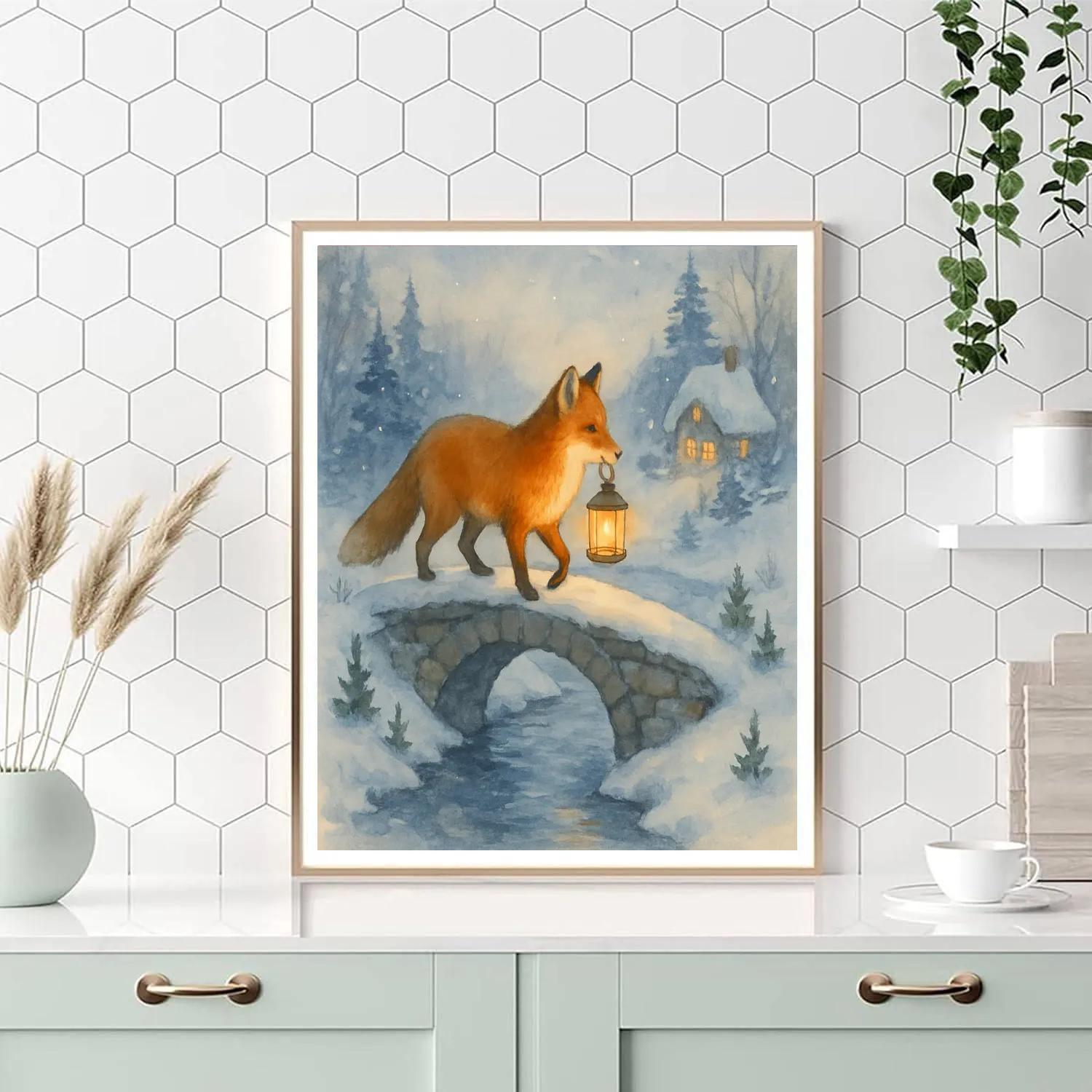 Christmas Lantern Fox On Frosty Bridge Numbered painting kits